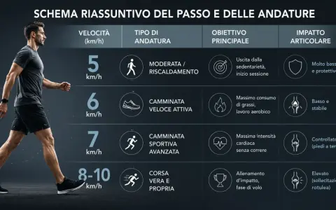 Schema che illustra il significato delle andature: dalla camminata leggera alla corsa, con velocità, impatto articolare e obiettivi.