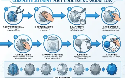 Workflow for 3D printing post processing: support removal, rough and fine sanding, gap filling, vapor smoothing, priming, and painting for a perfect finish.