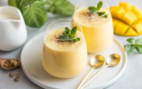 Dwa szklanki gęstej, kremowej pulpy mango, ozdobione listkami mięty i posypką. Obok świeży, pokrojony owoc mango.