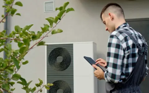 Un technicien vérifie une pompe à chaleur, soulignant l'avantage d'une solution de chauffage écologique et économique.