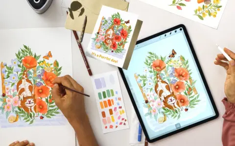 Ilustración de un gato entre flores, creada con gouache. Se ve el proceso en papel y en tablet.