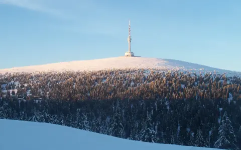 Wieża na ośnieżonym szczycie góry, otoczona lasem iglastym.