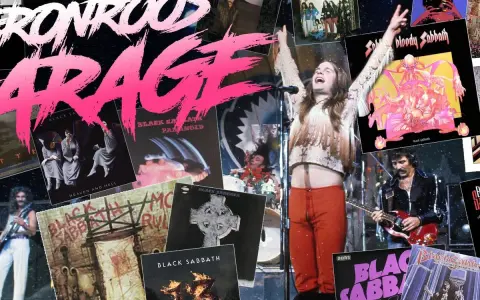 Collage med albumomslag och bilder av medlemmar av Black Sabbath. Ozzy Osbourne i centrum, omgiven av skivomslag som "Paranoid" och "Heaven and Hell".