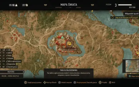 Mapa świata Wiedźmin 3, z zaznaczoną tablicą ogłoszeniową i zadaniem "Nilfgaardzki łącznik". Gra dostępna w ramach Game Pass.