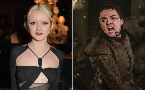 Maisie Williams, som spelade Arya Stark, i en svart klänning och i rollen som Arya Stark i strid.