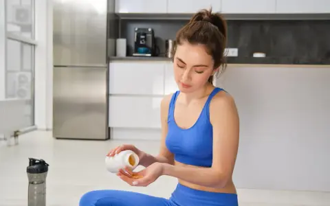 Femme en tenue de sport bleue prend des gélules, espérant un vitamine b12 effet immédiat pour son bien-être.