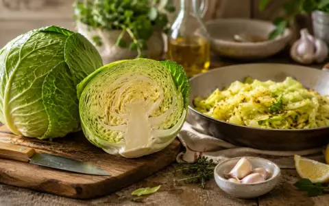 Cavolo cappuccio intero e tagliato a metà, con un contorno di cavolo cappuccio saltato in padella, aglio, limone e erbe aromatiche.