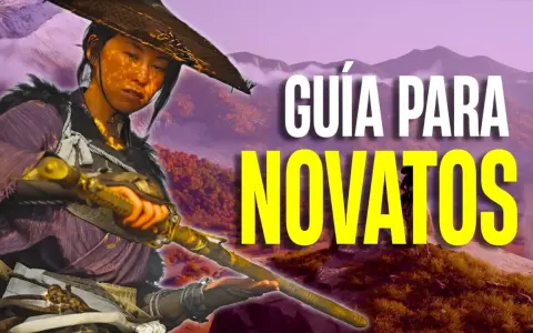 Guía para novatos de Ghost of Yotei. Un samurái con sombrero de paja y armadura morada sostiene una katana dorada en un paisaje montañoso.