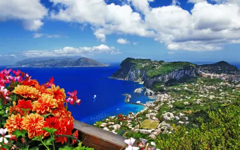 Splendida capri vista da napoli, con fiori colorati in primo piano e il mare blu intenso.