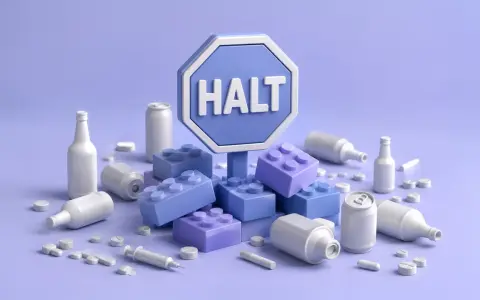Symbol "HALT" otoczony klockami i przedmiotami kojarzonymi z nałogami, jak butelki, puszki, tabletki i strzykawka. Program halt przykłady.