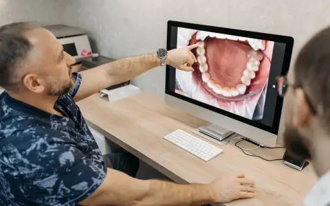 Dentysta omawia z pacjentem czyszczenie kieszonek dziąsłowych, wskazując na zbliżenie jamy ustnej na monitorze.