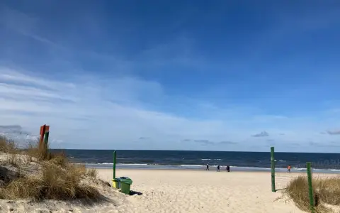 Ein sonniger Tag am Strand von Misdroy, Polen. Menschen spazieren am Meer entlang, während sich im Vordergrund Dünen und Strandgras erstrecken.