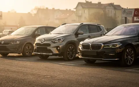 Trzy samochody: ciemny Volkswagen, zielony Renault i czarny BMW, zaparkowane na placu. Wszystkie bez prawa rejestracji.