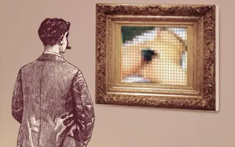 Un homme regarde un tableau encadré, une scène floue et pixélisée évoquant le sommeil de Courbet.