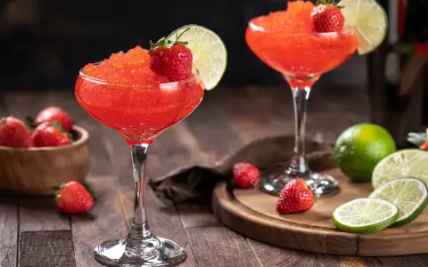 Dwa mrożone daiquiri truskawkowe z limonką i truskawkami, na drewnianym stole.