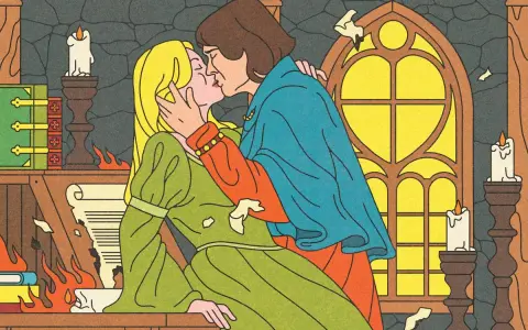 Un baiser passionné entre Héloïse et Abélard, dans une bibliothèque embrasée par la passion et le savoir.