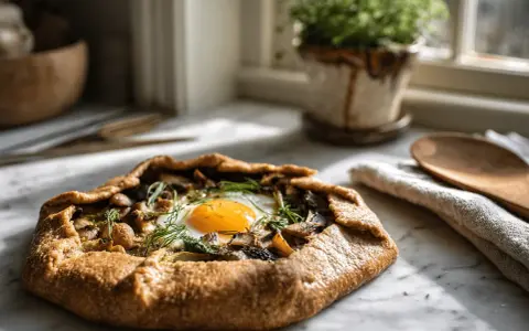 Galette de sarrasin aux champignons et œuf, garnie d'herbes. Une belle recette pour comprendre pourquoi les galettes de sarrasin se cassent.