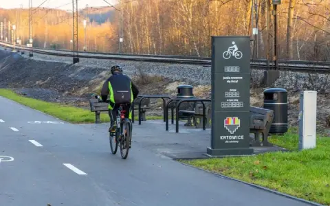 Rowerzyści na ścieżce wzdłuż torów kolejowych. Nowe trasy rowerowe Śląsk zachęcają do aktywnego spędzania czasu.