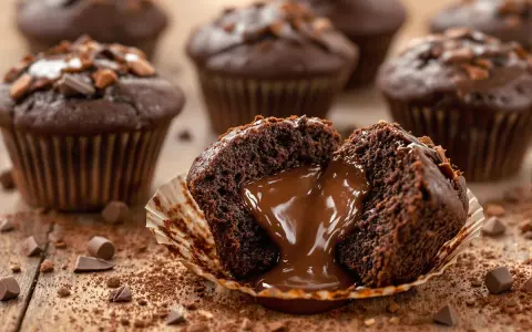 Un muffin au chocolat fondant, parfait pour une recette gourmande. Le cœur coulant de chocolat invite à la dégustation.