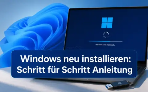 Schritt-für-Schritt-Anleitung, um Windows neu zu installieren. Ein Laptop zeigt den Installationsfortschritt, daneben ein USB-Stick mit Windows-Logo.