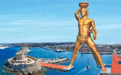 Kolos z Rodos, złoty gigant, stoi nad portem z twierdzą i statkami. Wyobrażenie starożytnego cudu.