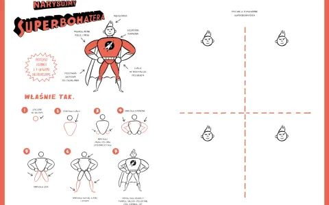 Instrukcja krok po kroku, jak narysować komiksowego superbohatera. Zaczynając od głowy, przez ciało, ramiona, uda, aż po detale.