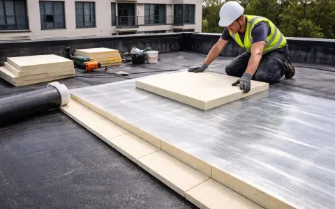 Un ouvrier pose des panneaux pour l'isolation d'un toit terrasse.