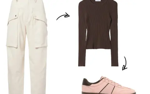 Outfit con pantaloni cargo color crema, maglia marrone a coste e sneakers rosa.