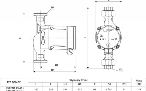 Schemat pompy z wymiarami: L, I, H1, H2, B, D1, D2. Tabela wyjaśnia, co oznaczają symbole na pompie, podając wymiary w mm i masę.