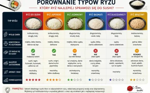 Jaki ryż do sushi? Porównanie typów ryżu: krótkoziarnisty, japoński, jaśminowy, basmati, długoziarnisty, brązowy. Idealny do sushi jest ryż krótkoziarnisty.
