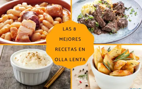 Collage de cuatro platos: judías con chorizo, estofado de carne, arroz con leche y patatas asadas.