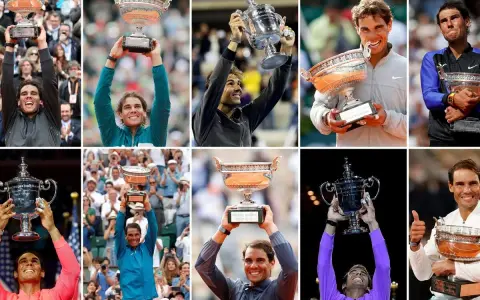 Rafael Nadal, un verdadero campeón de Grand Slam, celebra sus victorias con trofeos icónicos.