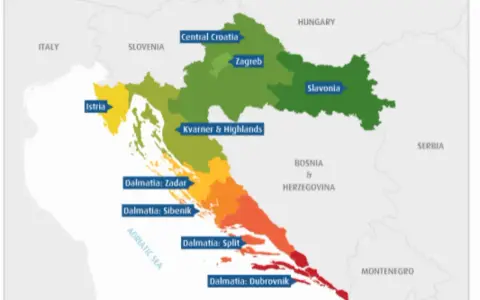 Mapa Chorwacji z zaznaczonymi regionami. Dalmacja, gdzie jest? Rozciąga się wzdłuż wybrzeża Adriatyku, od Zadaru po Dubrownik.