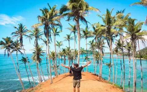 Człowiek z rozłożonymi rękami na tle palm i turkusowego oceanu. Marzysz o podróży? Sri Lanka ile trwa lot, warto sprawdzić!