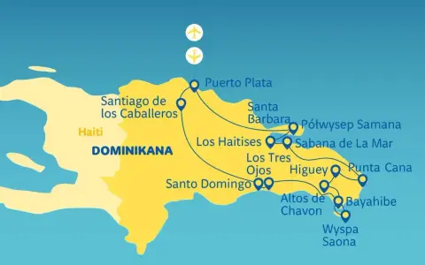 Mapa turystyczna Dominikany z zaznaczonymi trasami i lotniskami. Widoczne miasta: Puerto Plata, Santiago, Santo Domingo, Punta Cana.