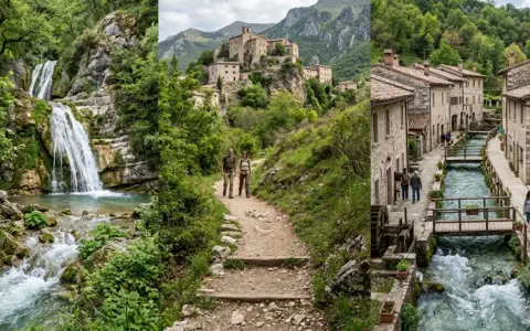 Cascate del Menotre: un sentiero panoramico porta a cascate spettacolari e a un borgo medievale con un ruscello che scorre tra le case.