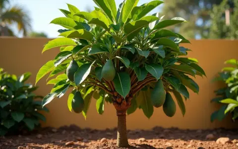 Un jeune avocatier porte déjà des fruits verts. Il est prêt à être planté en terre pour une récolte abondante.