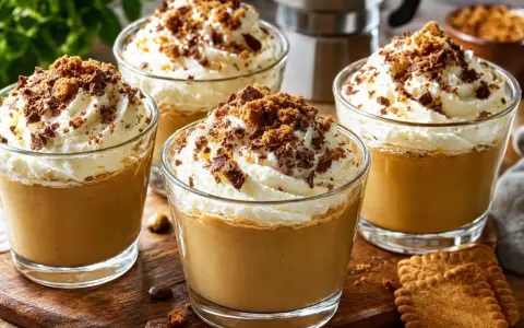 Quatre verres de café liégeois, garnis de crème fouettée et de miettes de chocolat et de biscuits.