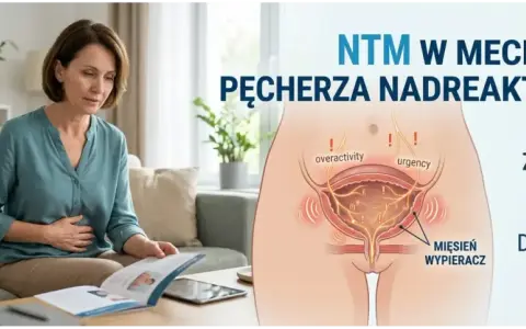 Kobieta czyta broszurę o nadreaktywnym pęcherzu. Grafika pokazuje mechanizm problemu, sugerując, że wyleczyłam nadreaktywny pęcherz.