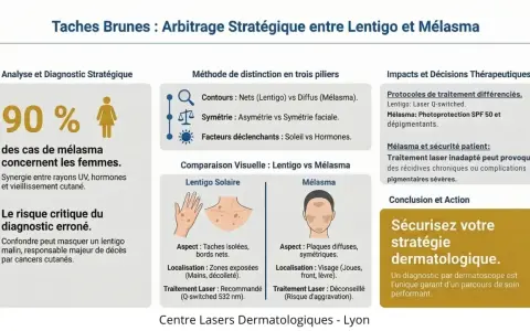 Comparaison visuelle entre lentigo solaire et mélasma, avec des illustrations et des conseils de traitement.