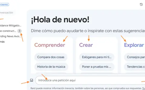 Bard, tu asistente IA, te da la bienvenida. Pide ayuda para comprender, crear o explorar.