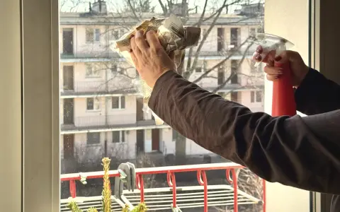 Ręce czyszczą okno, jedna trzyma spryskiwacz, druga zgniata gazetę do polerowania. Skuteczne mycie okien octem to sekret czystości.