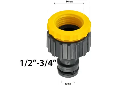Złączka do węża ogrodowego 1/2"-3/4" z żółtą nakrętką. Ułatwia podłączenie szlaufa do kranu.