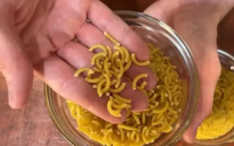 Mano sosteniendo fideos cortos y curvos sobre un bol de fideos similares.
