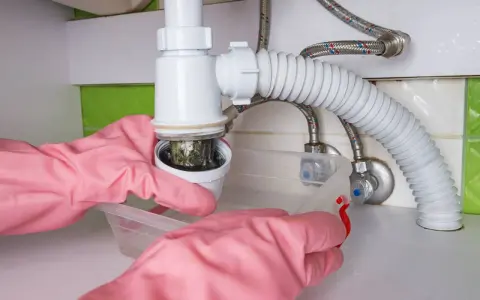 Mains de nettoyage rose démontant le siphon de lavabo bouché. Schéma montage siphon lavabo.