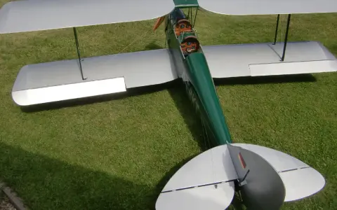 Ein detailgetreues Tiger Moth RC-Modellflugzeug mit silbernen Flügeln und grünem Rumpf steht auf einer grünen Wiese.