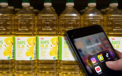 En hand håller upp en mobil med sociala medier-appar. Bakom syns rader av rapsoljeflaskor, där en del anser att rapsolja är farligt.