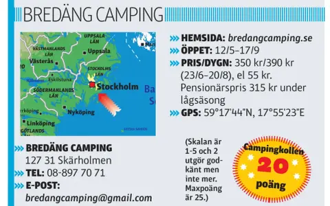 Bredäng Camping nära Stockholm. Information om öppettider, priser och GPS-koordinater. Telefon och e-post finns också.