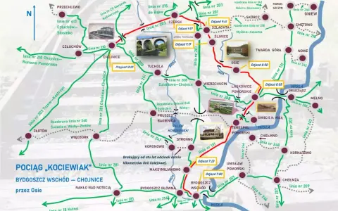 Mapa kolejowa z zaznaczonymi trasami, stacjami i zdjęciami krajobrazów.