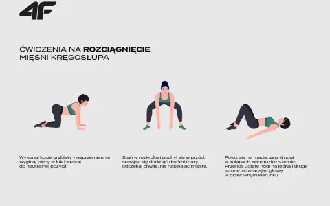Ilustracje pokazują ćwiczenia na rozciąganie kręgosłupa: koci grzbiet, skłon w rozkroku i skręt tułowia leżąc.